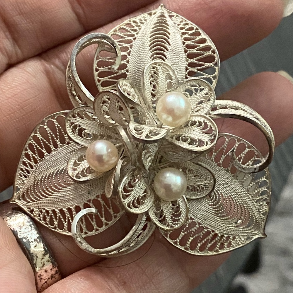 Sterling Filigree Floral Brooch with Pearls - Silver